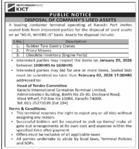 Invitations of Bids – DISPOSAL OF COMPANY’S USED ASSETS – Karachi
