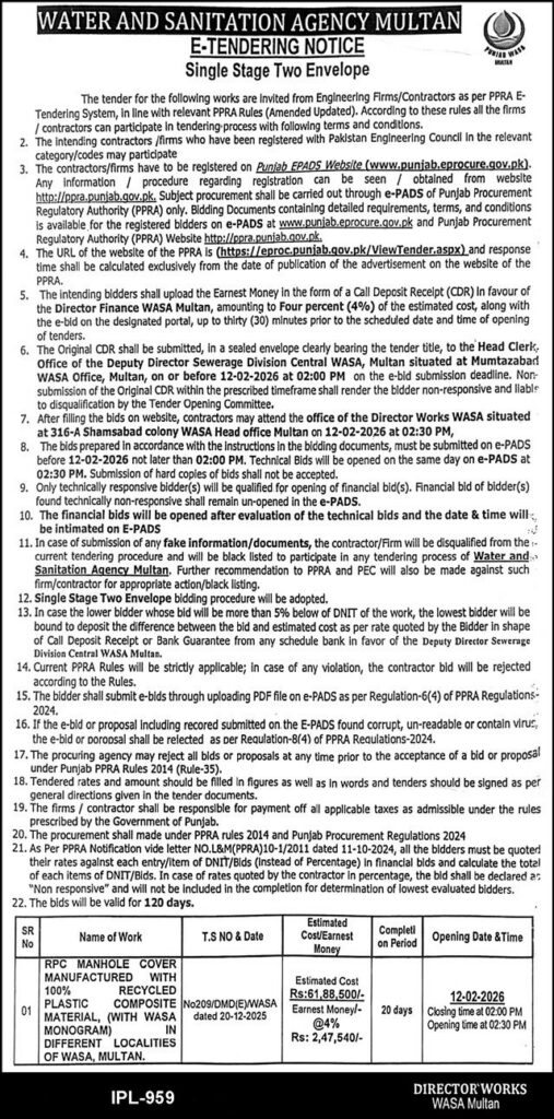 Tender Notice – WATER AND SANITATION AGENCY – Multan - Original Advertisement