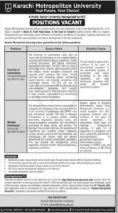 Positions Vacant at Karachi Metropolitan University A Public Sector University Recognized by HEC – (Karachi)