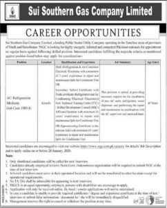 AC / Refrigeration Mechanic – Sui Southern Gas Company Limited – (Sindh)