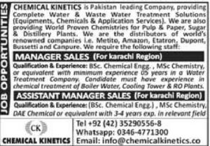 Job Vacancy – Manager Sales – CHEMICAL KINETICS – Karachi