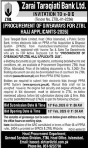 Tender Notice – Zarai Taraqiati Bank Ltd. – Islamabad