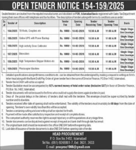 Tender Notice – Notice 154-159/2025 – Islamabad
