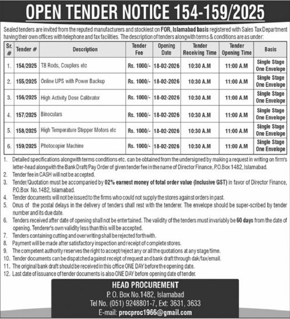 Tender Notice – Notice 154-159/2025 – Islamabad - Original Advertisement