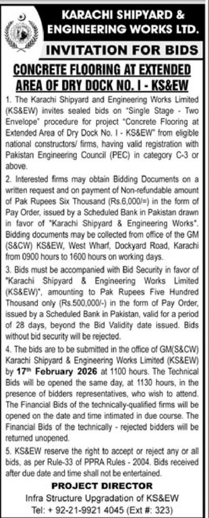 Tender Notice – Karachi Shipyard & Engineering Works Limited – Karachi - Original Advertisement