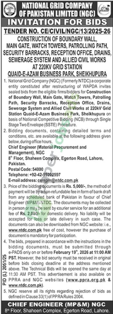 Tender Notice - NATIONAL GRID COMPANY - Lahore - NATIONAL GRID COMPANY