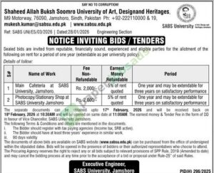 Tender Notice - Shaheed Allah Buksh Soomro (SABS) University of Art, Design and Heritages - Jamshoro - Shaheed Allah Buksh Soomro (SABS) University of Art, Design and Heritages