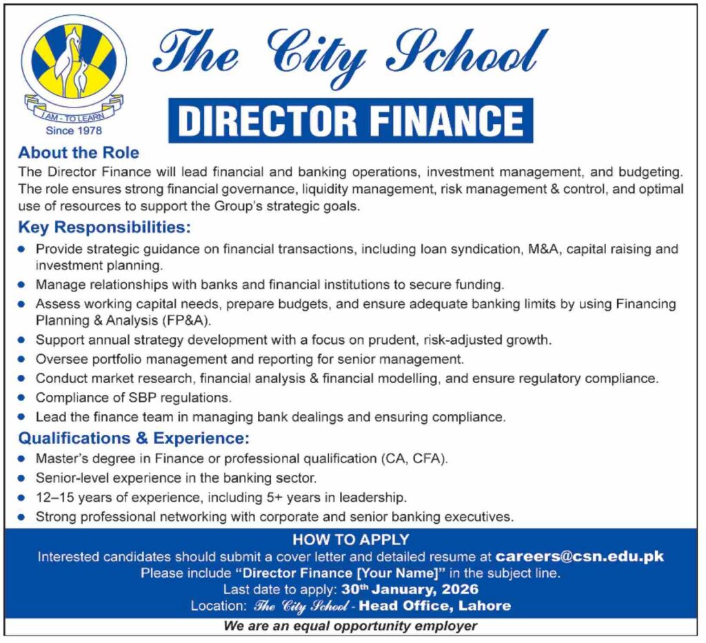 Job Vacancy – Director Finance – The City School – Lahore - Original Advertisement