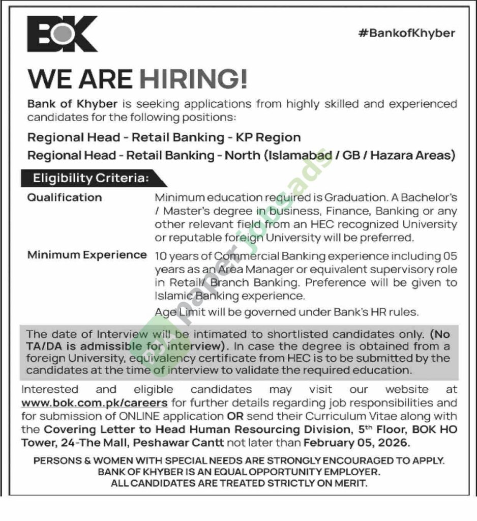 Job Vacancy - Regional Head - Bank of Khyber - Islamabad - Bank of Khyber