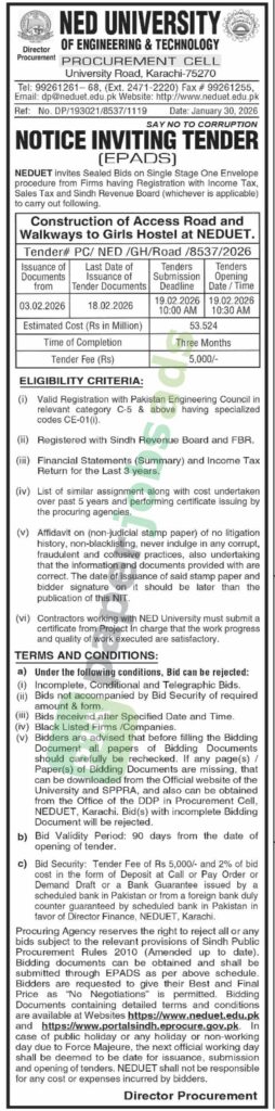 Tender Notice - Construction of Access Road and Walkaways to Girls Hostel at NEDUET - NED UNIVERSITY of Engineering & Technology