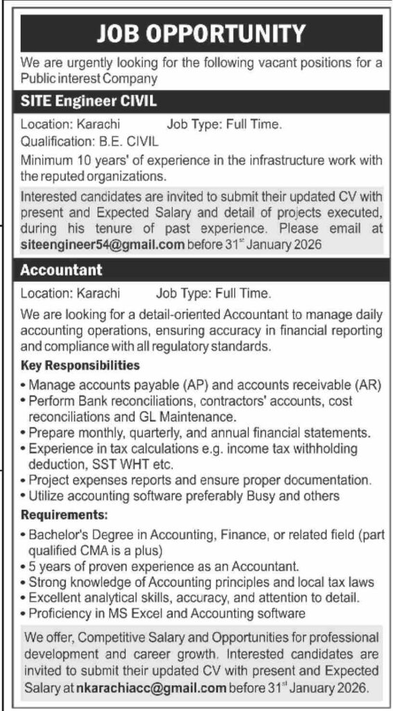 Engineer – Public interest Company – (Karachi) - Original Advertisement