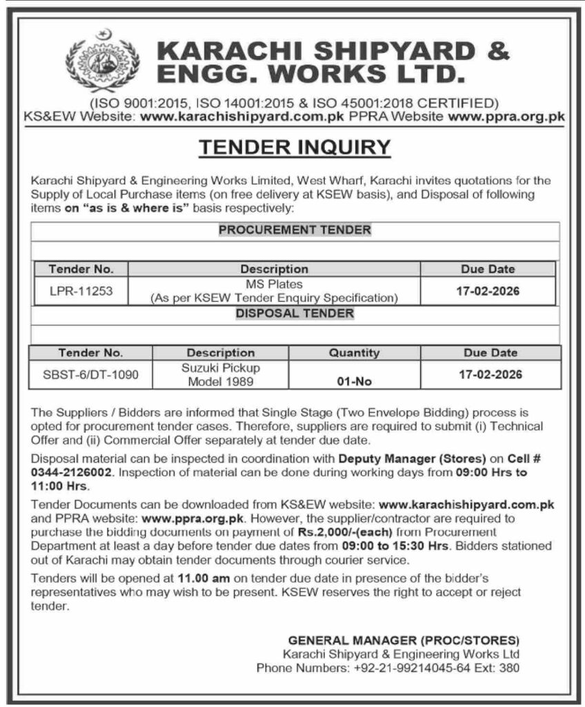 Tender Notice –  KARACHI SHIPYARD & ENGG. WORKS LTD. – Karachi - Original Advertisement
