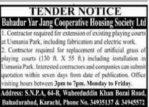 Tender Notice – Bahadur Yar Jang Cooperative Housing Society Ltd – (Karachi)