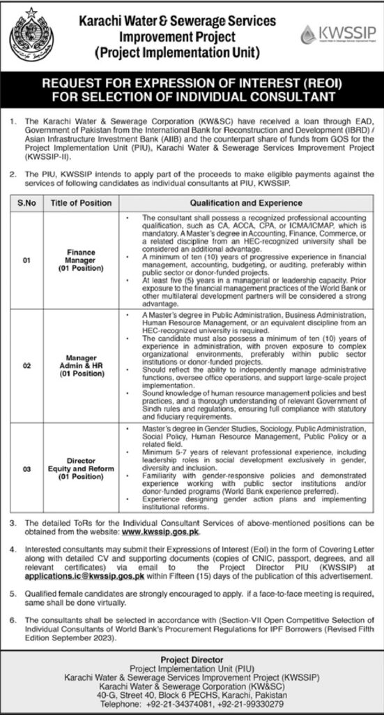 REOI for Selection of Individual Consultant – The Karachi Water & Sewerage Corporation - Original Advertisement