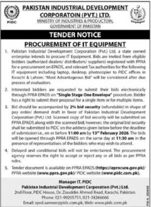 Tender Notice – PAKISTAN INDUSTRIAL DEVELOPMENT CORPORATOIN (PVT.) LTD. – Karachi