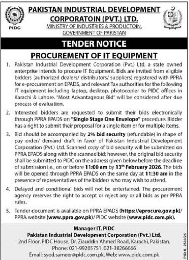 Tender Notice – PAKISTAN INDUSTRIAL DEVELOPMENT CORPORATOIN (PVT.) LTD. – Karachi - Original Advertisement