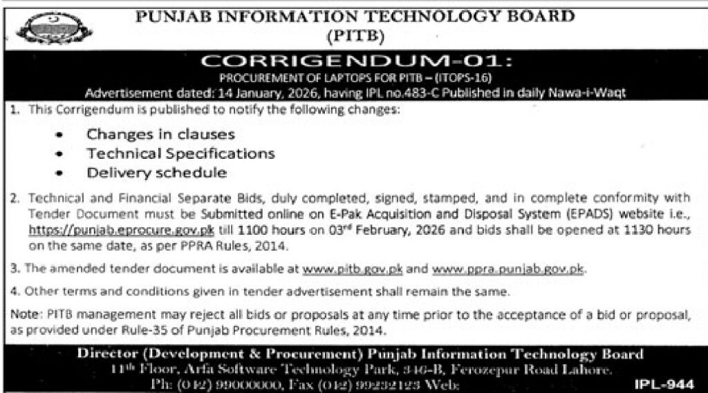Tender Notice – PUNJAB INFORMATION TECHNOLOGY BOARD – Lahore - Original Advertisement