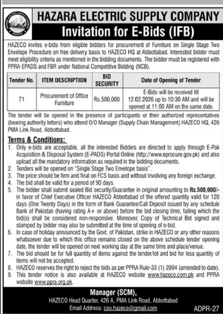 Tender Notice – HAZARA ELECTRIC SUPPLY COMPANY – Abbottabad - Original Advertisement