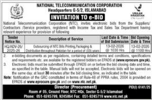Tender Notice – NATIONAL TELECOMMUNICATION CORPORATION – Islamabad