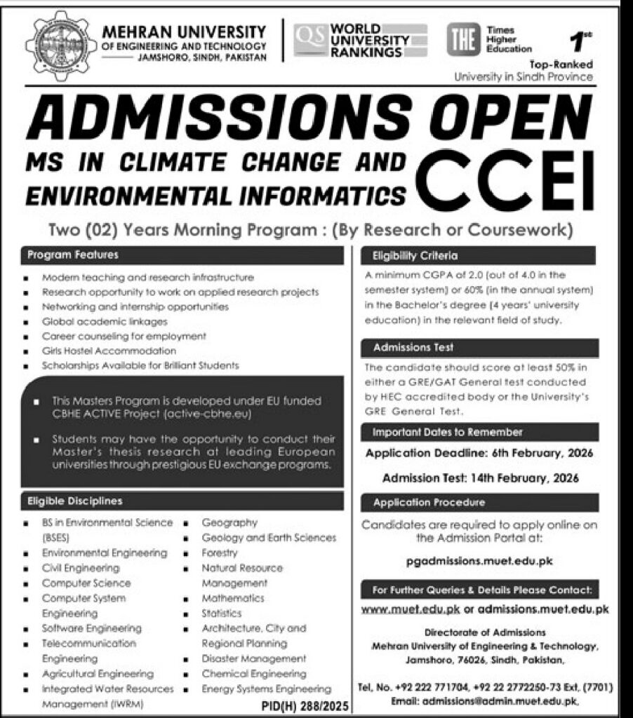 Admission Notice – Postgraduate – MEHRAN UNIVERSITY – Jamshoro - Original Advertisement