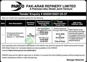 Tender Notice - PARCO PAK-ARAB REFINERY LIMITED - PARCO PAK-ARAB REFINERY LIMITED