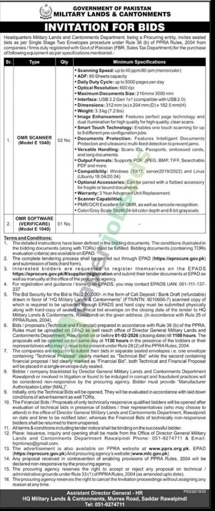 Tender Notice - Military Lands and Cantonments (MLC) - Rawalpindi - Military Lands and Cantonments (MLC)