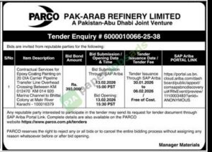 Tender Notice - PARCO PAK-ARAB REFINERY LIMITED - Karachi - PARCO PAK-ARAB REFINERY LIMITED