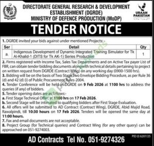 Tender Notice - DIRECTORATE GENERAL RESEARCH & DEVELOPMENT - Rawalpindi - Ministry of Defence Production (MoDP)
