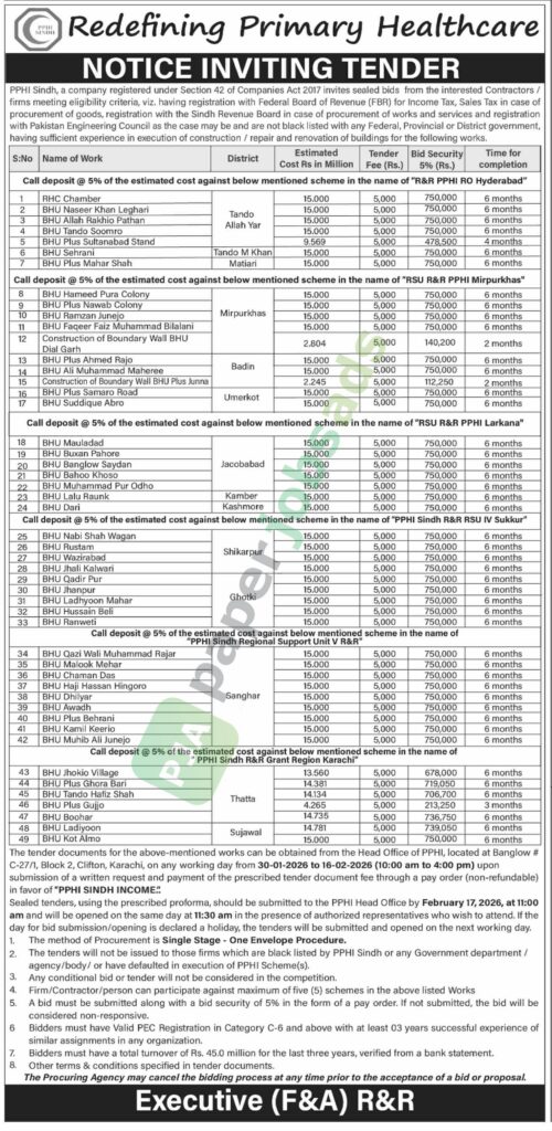 Tender Notice - PPHI Sindh - Karachi - PPHI Sindh