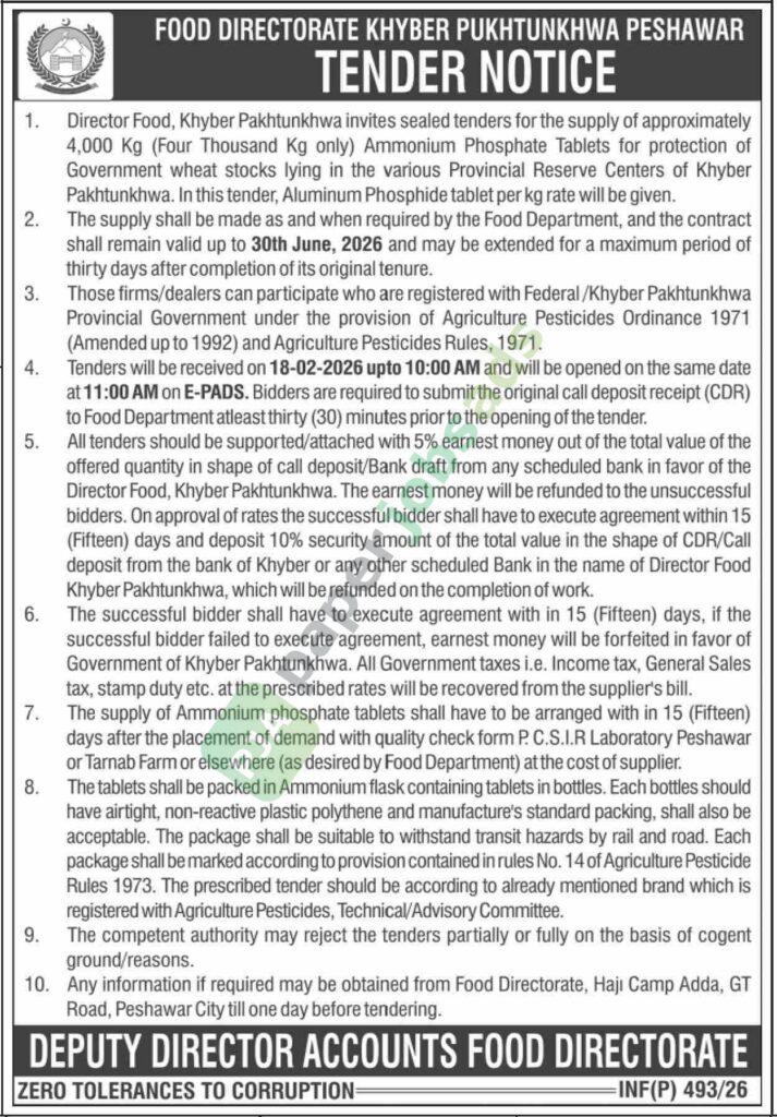 Tender Notice - FOOD DIRECTORATE KHYBER PUKHTUNKHWA - Peshawar - FOOD DIRECTORATE KHYBER PUKHTUNKHWA
