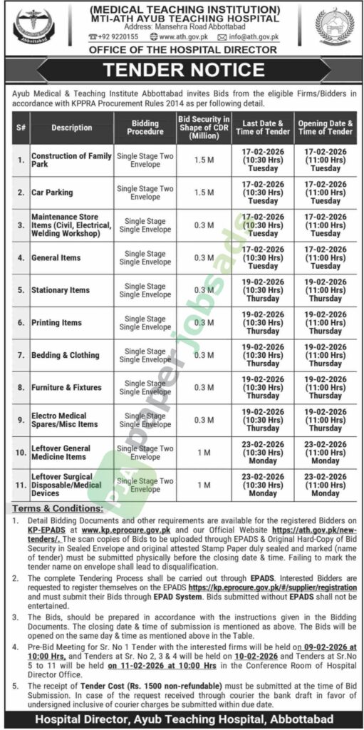 Tender Notice - MTI-ATH AYUB TEACHING HOSPITAL - Abbottabad - MTI-ATH AYUB TEACHING HOSPITAL