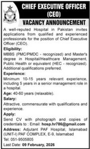 Job Vacancy – CEO – PAF Hospital – Islamabad