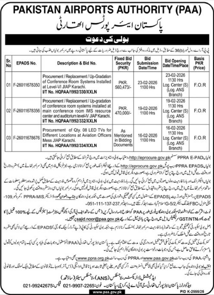 Tender Notice – PAKISTAN AIRPORTS AUTHORITY (PAA) – Karachi - Original Advertisement