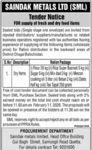 Tender Notice – SAINDAK METALS LTD (SML) – Quetta