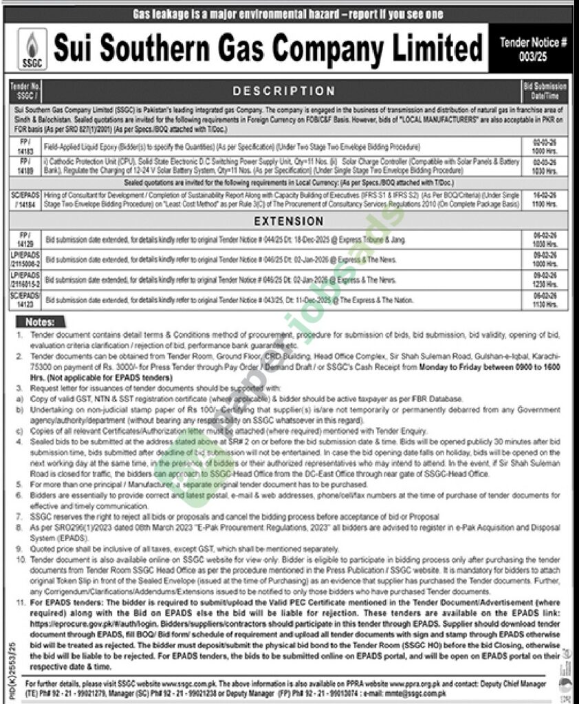 Tender Notice - Sui Southern Gas Company Limited - Karachi - Sui Southern Gas Company Limited