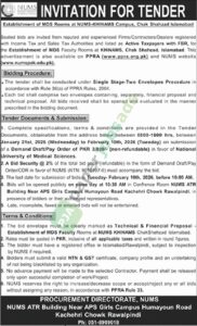 Tender Notice - NUMS INVITATION FOR TENDER - Establishment of MDS Rooms - Islamabad - NUMS