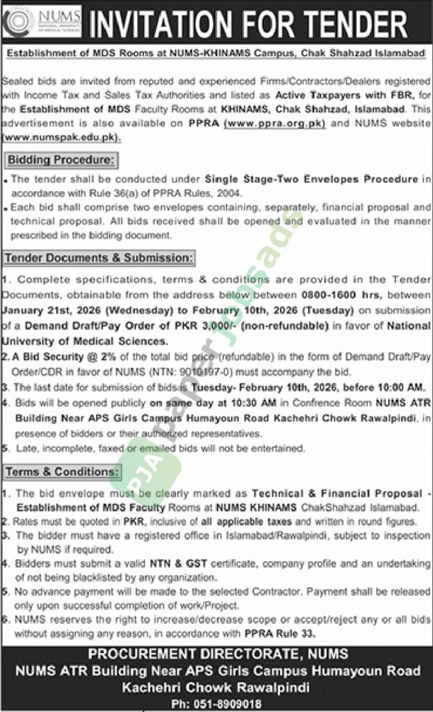Tender Notice - NUMS INVITATION FOR TENDER - Establishment of MDS Rooms - Islamabad - NUMS