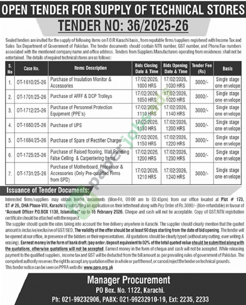 Tender Notice - 36/2025-26 - Karachi - Private