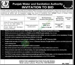 Tender Notice - Punjab Water and Sanitation Authority - Lahore - Punjab Water and Sanitation Authority