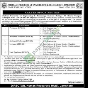 Job Vacancy - Professor / Assistant Professor / Associate Professor / Lecturer / Lab Engineer, JAMSHORO - Khairpur - MEHRAN UNIVERSITY OF ENGINEERING & TECHNOLOGY, JAMSHORO