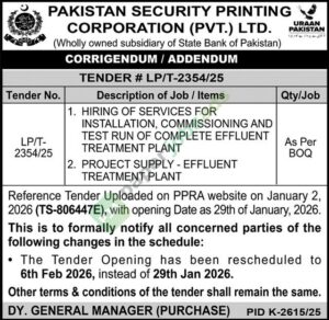 Tender Notice - Corrigendum / Addendum - Pakistan Security Printing Corporation (Pvt) Ltd (PSPC) - Pakistan Security Printing Corporation (Pvt) Ltd (PSPC)
