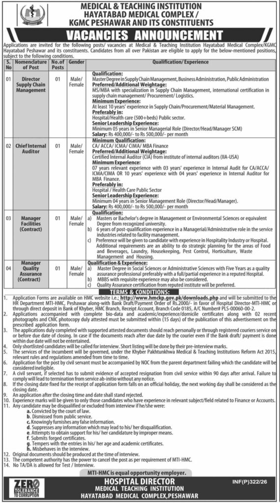 Job Vacancy – Cheif Internal Auditor – Peshawar - Original Advertisement