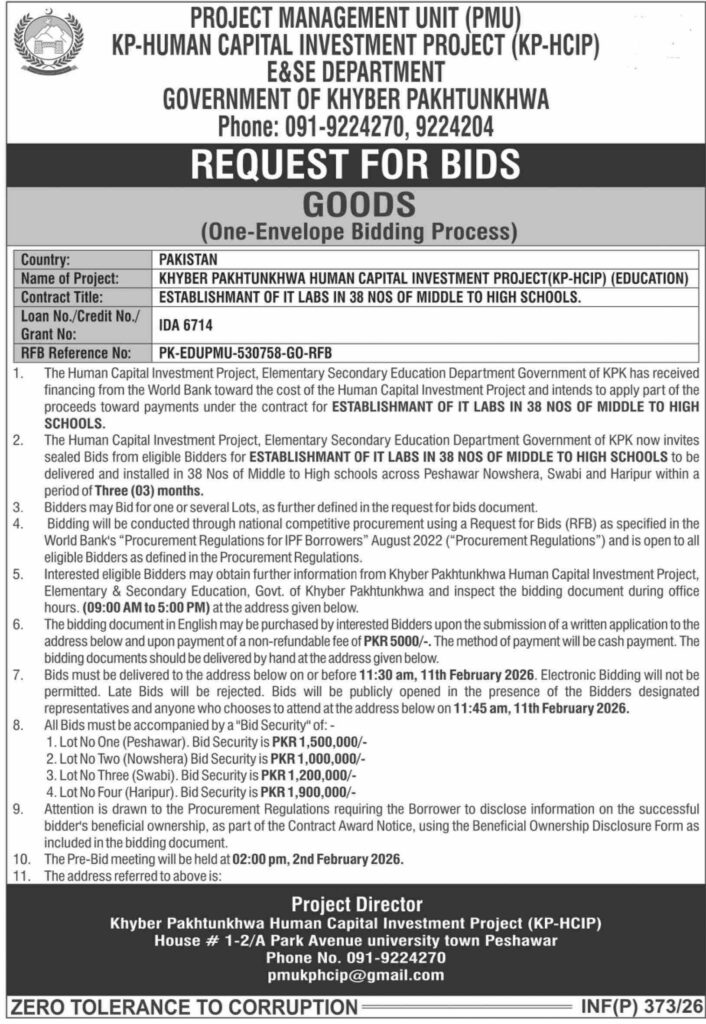 Tender Notice – KP-HCIP – Peshawar - Original Advertisement