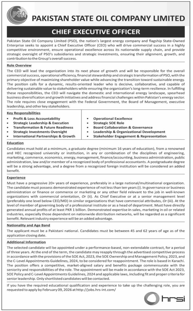 Job Vacancy – CHIEF EXECUTIVE OFFICER (CEO) – PAKISTAN STATE OIL COMPANY LIMITED – Karachi - Original Advertisement