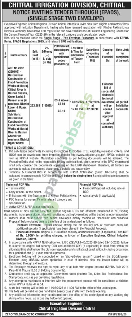 Tender Notice - Chitral Irrigation Division - Chitral - Chitral Irrigation Division