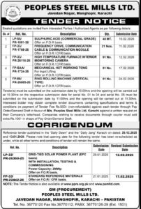 Tender Notice – Peoples Steel Mills Ltd. – Karachi