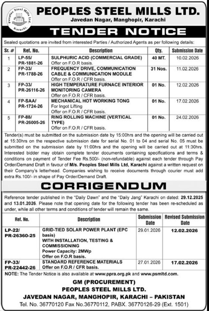 Tender Notice – Peoples Steel Mills Ltd. – Karachi - Original Advertisement
