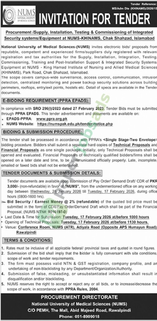 Tender Notice - NUMS - Procurement/Supply - Islamabad - NUMS