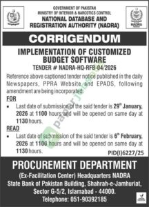 Tender Notice - Corrigendum - NADRA - Islamabad - NADRA
