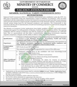 Job Vacancy - Member, National Tariff Commission (NTC) - Islamabad - Ministry of Commerce
